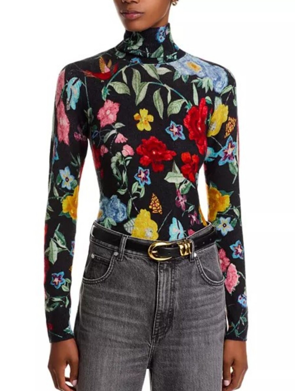 ​C by Bloomingdale's Floral Cashmere Turtleneck Sweater Black Multi